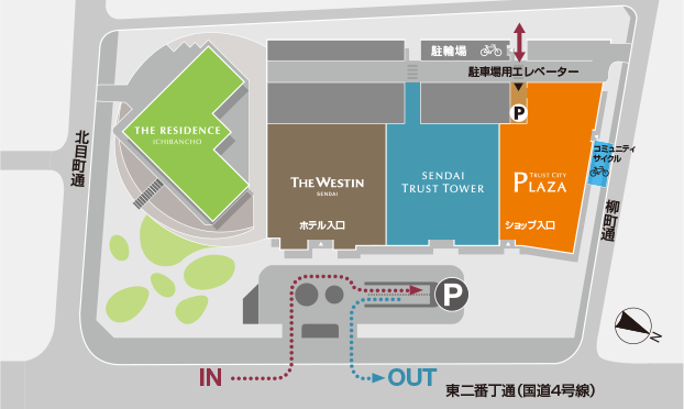 ウェスティンホテル仙台の駐車場入り口地図